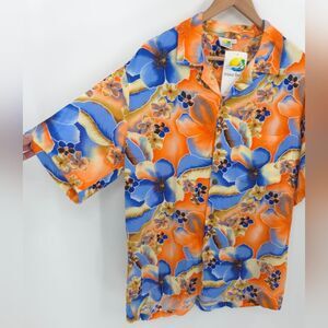 Makai Beach Button Front Shirt Short Sleeve Hibiscus Floral Vacation Hand Made